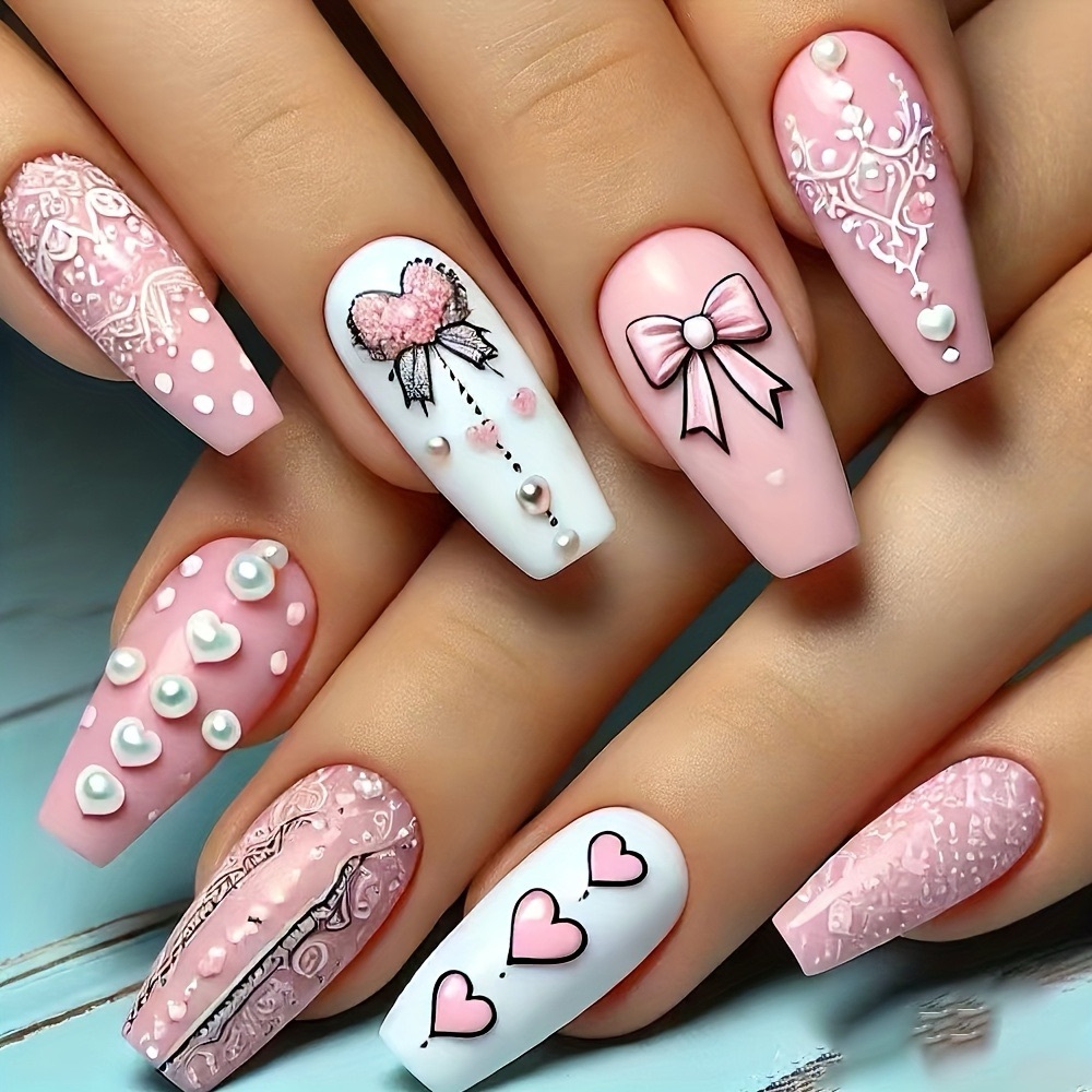 Pink Heart Nails